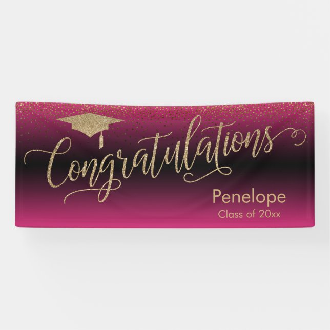 Banderoles Félicitations Gold Confetti Graduation Hot Pink (Horizontal)
