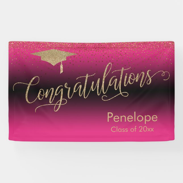 Banderoles Félicitations Gold Confetti Graduation Hot Pink (Horizontal)