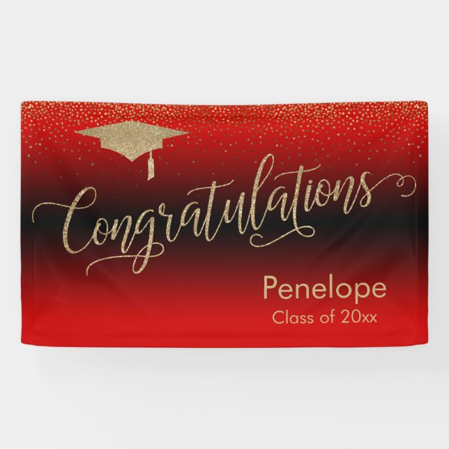 Banderoles Félicitations Gold Confetti Graduation Rouge (Horizontal)