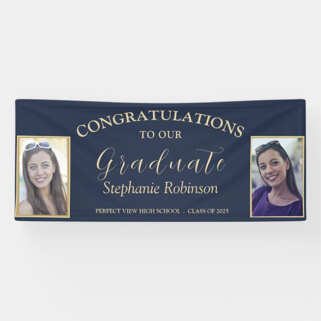 Banderoles Félicitations Gold Script 2 Photo Grad Blue (Horizontal)