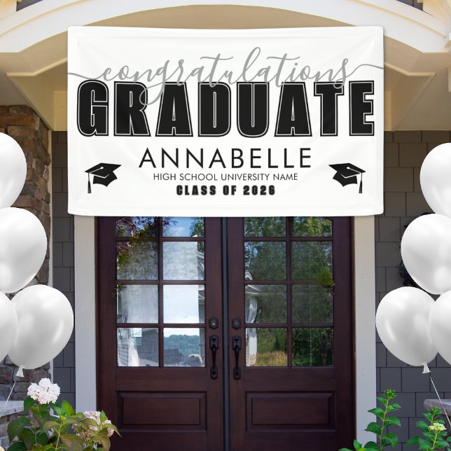Banderoles Félicitations Grad Black White Graduation Party (Congratulations Grad Black White Graduation Party Banner )