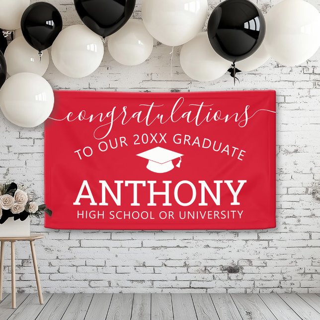 Banderoles Félicitations Grad Grad Graduate rouge blanc virtu (Custom Graduation Banner for a Grad Party or Open House)