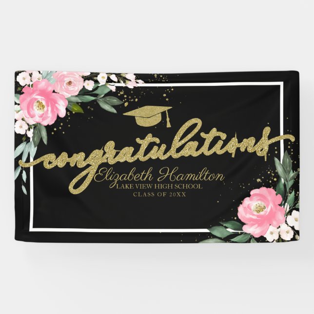 Banderoles Félicitations Hot Pink Floral Graduation Party (Horizontal)