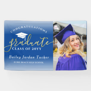 Banderoles Félicitations Script Blue Gold Photo Graduation