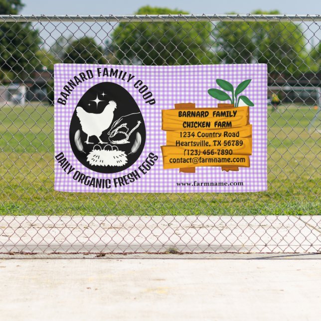 Banderoles Ferme de poulet de campagne motif bois violet biol (En situation)