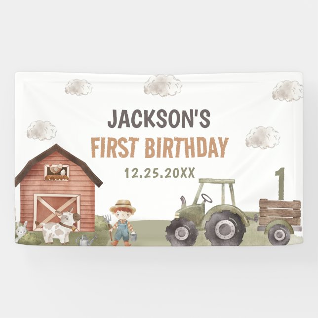 Banderoles Ferme de tracteur aquarelle 1er anniversaire (Horizontal)