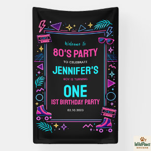 Banderoles Fête d'anniversaire 1 an néon rétro moderne 80's