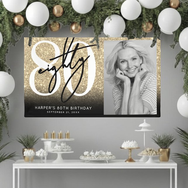 Banderoles Fête d'anniversaire 80 ans paillettes dorées (Gold Glitter 80th Birthday Party Banner)