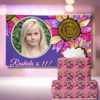 Banderoles Fête d'anniversaire à l'aquarelle Tournesol Rose e