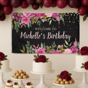 Banderoles Fête d'anniversaire à paillettes dorées et fleurs 