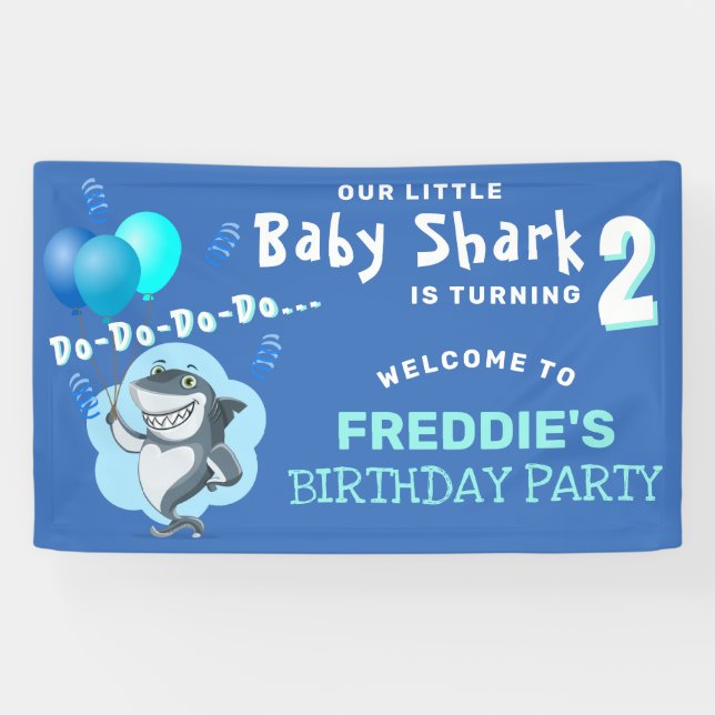 Banderoles Fête d'anniversaire Ballons Bleus Requin Mignon (Horizontal)