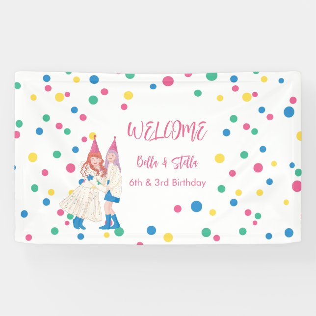 Banderoles Fête d'anniversaire conjointe des sœurs Pastel (Horizontal)