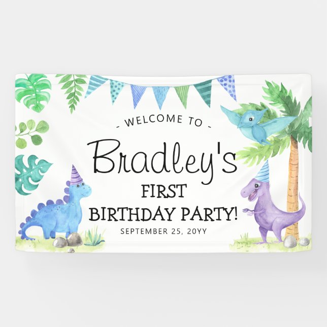 Banderoles Fête d'anniversaire de 1 an de dinosaure mignon (Horizontal)