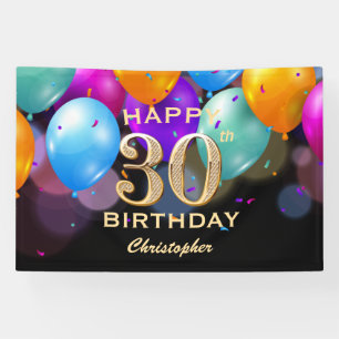 Banderoles Fête d'anniversaire de 30 ans Ballons noirs et dor