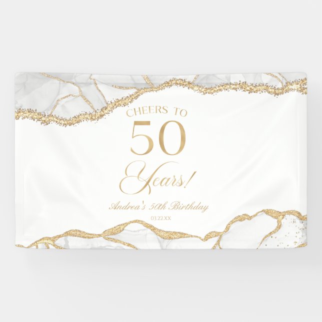 Banderoles Fête d'anniversaire de 50 ans en Agate Or Blanc Él (Horizontal)