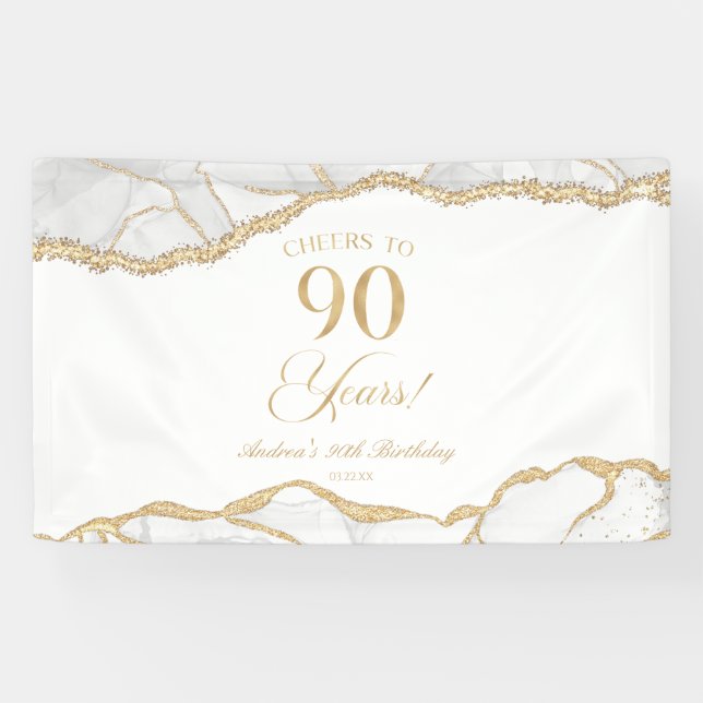 Banderoles Fête d'anniversaire de 90 ans en Agate et Or Blanc (Horizontal)
