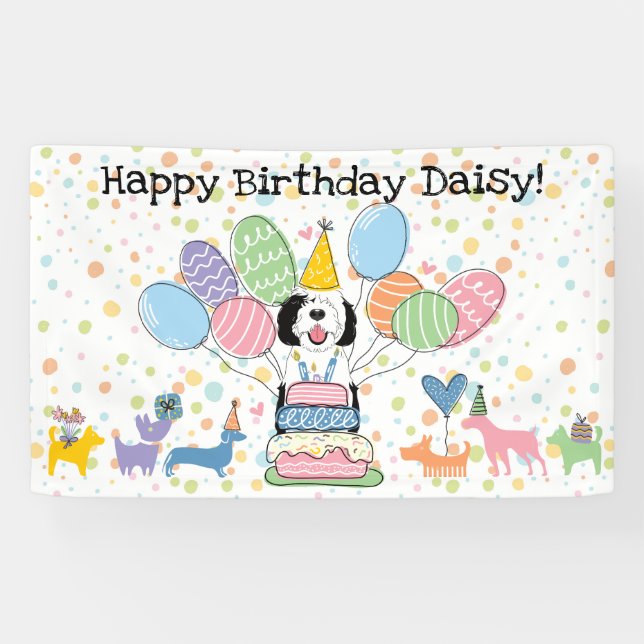 Banderoles Fête d'anniversaire de chien Sheepadoodle noir et  (Horizontal)