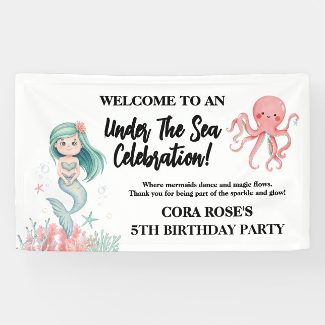 Banderoles Fête d'anniversaire de fille sirène sous la mer (Horizontal)