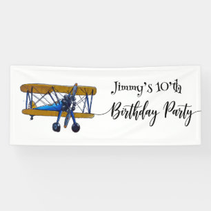 Banderoles Fête d'anniversaire de garçons avec un biplan bleu