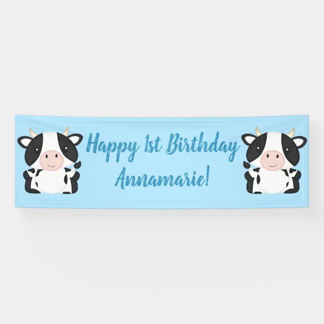 Banderoles Fête d'anniversaire de la vache bleu (Horizontal)