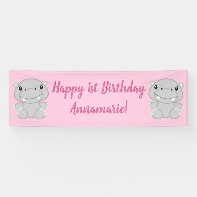 Banderoles Fête d'anniversaire d'hippopotame rose (Horizontal)