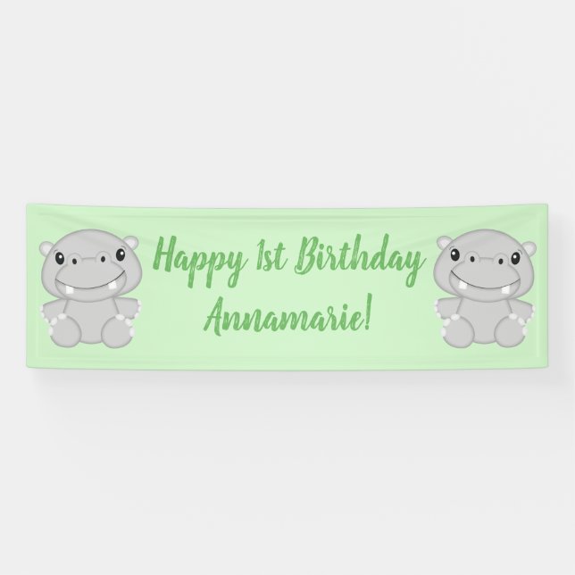 Banderoles Fête d'anniversaire d'hippopotame verte (Horizontal)