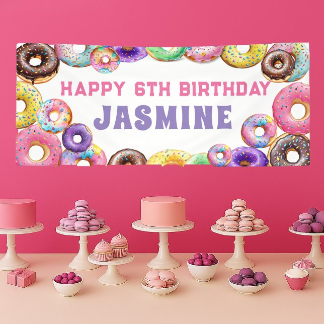 Banderoles Fête d'anniversaire Donut Joyeux 6e anniversaire (Colorful donut birthday banner)