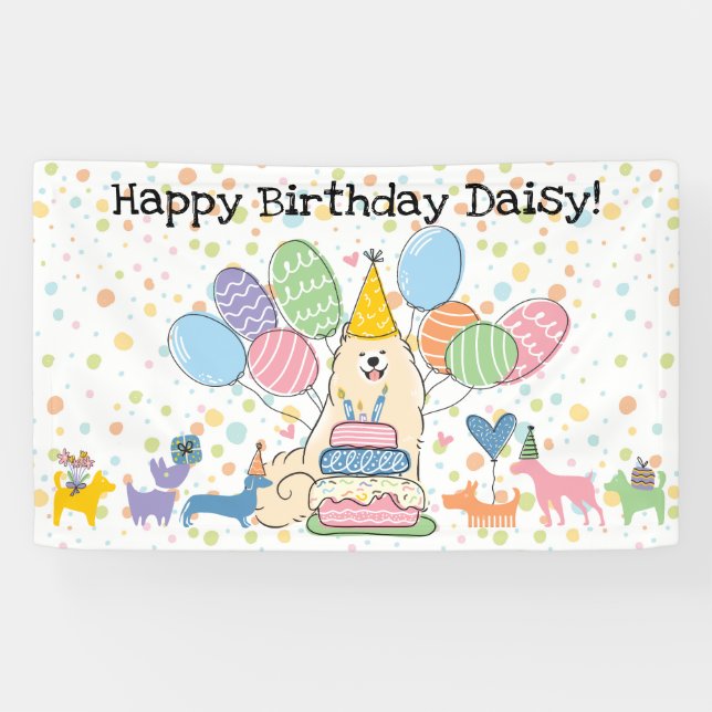 Banderoles Fête d'anniversaire du chien Samoyède blanc Biscui (Horizontal)