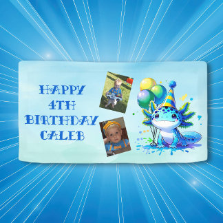 Banderoles Fête d'anniversaire du garçon Axolotl bleu et vert