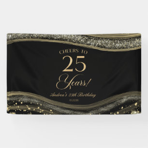 Banderoles Fête d'anniversaire élégante en agate noire et or 