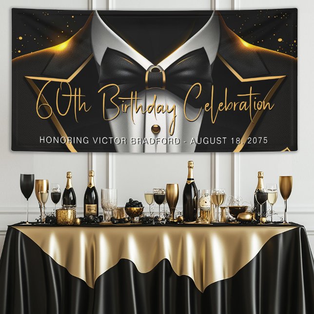 Banderoles Fête d'anniversaire en or et noir pour hommes (Mens black and gold birthday party and event banner. Simply add your event details.)