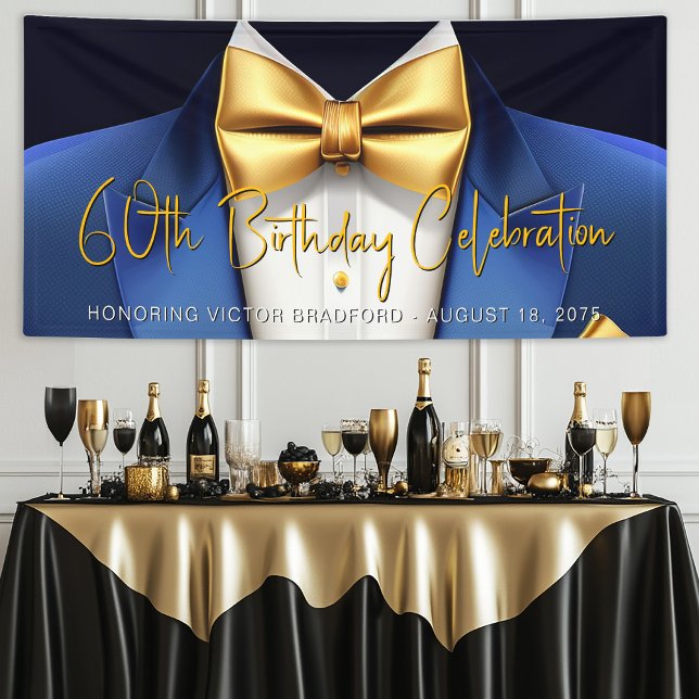 Banderoles Fête d'anniversaire en smoking or bleu pour hommes (Mens blue and gold birthday party and event banner. Simply add your event details as needed.)