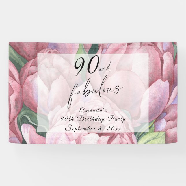 Banderoles Fête d'anniversaire florale vintage 90 ans (Horizontal)