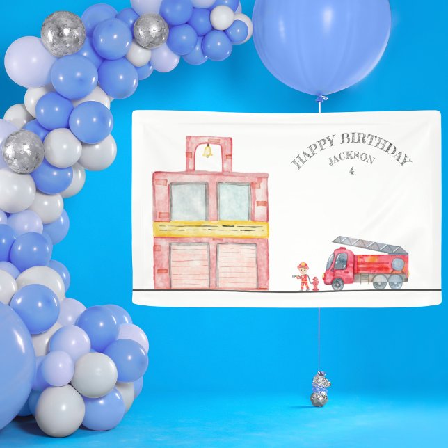 Banderoles Fête d'anniversaire minimaliste moderne (Modern Minimalist Fireman birthday Party Banner for boy firefighter birthday party)