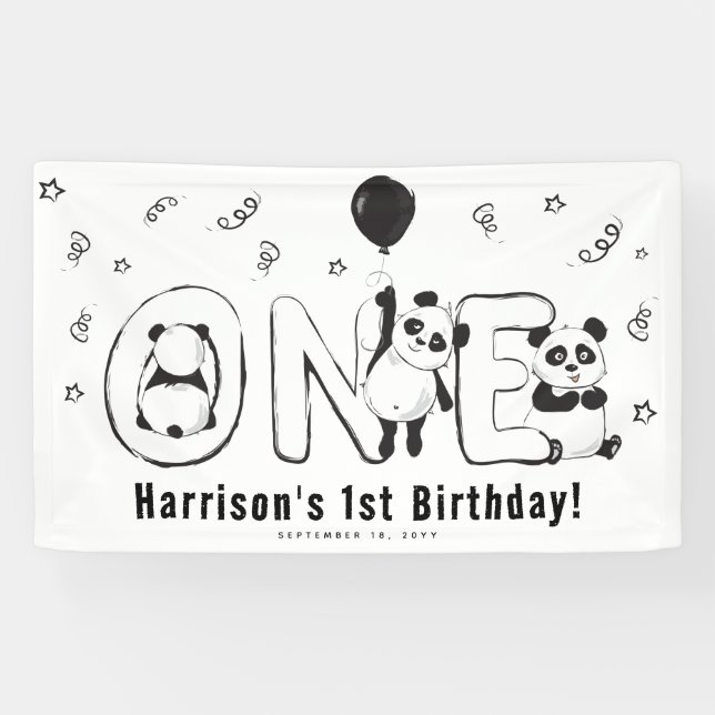 Banderoles Fête d'anniversaire moderne ONE Panda 1 an (Horizontal)