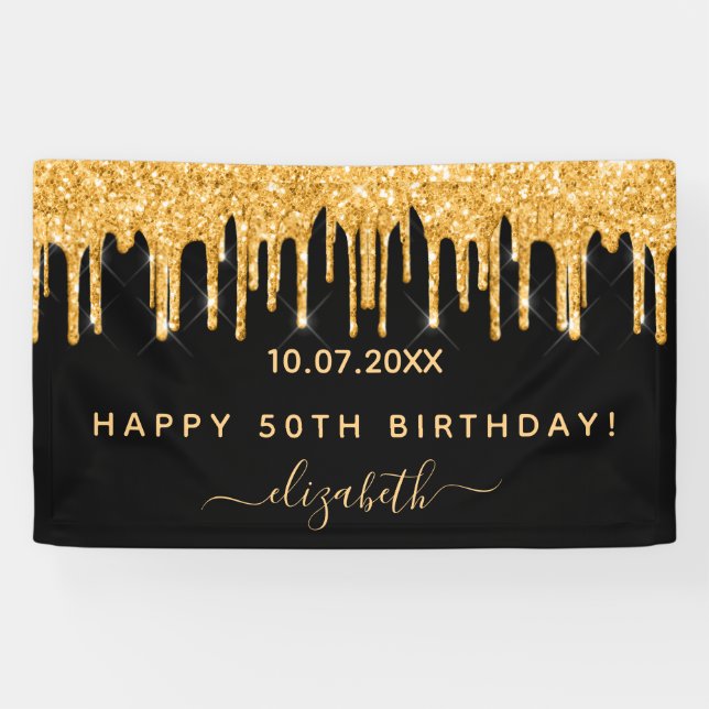 Banderoles fête d'anniversaire parties scintillant d'or noir  (Horizontal)