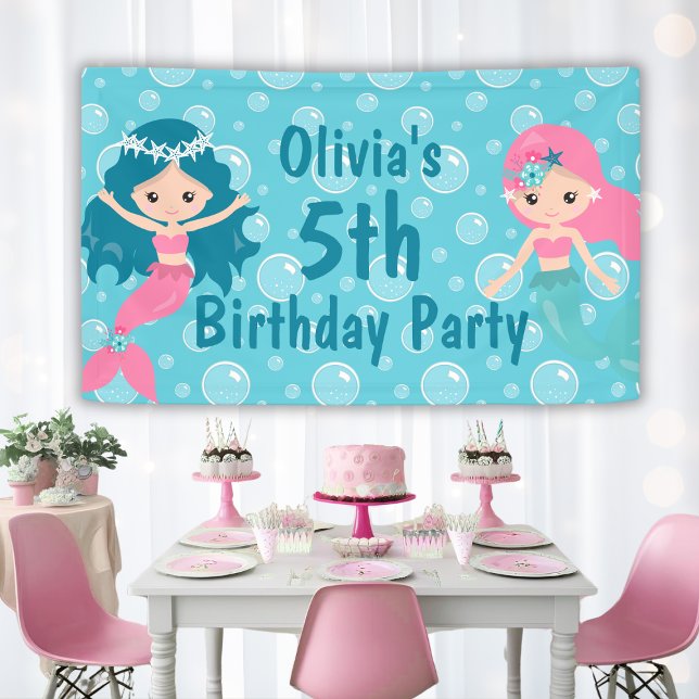 Banderoles Fête d'anniversaire personnalisée de sirène pour f (Personalized Cute Girls Mermaid Birthday Party Banner
)