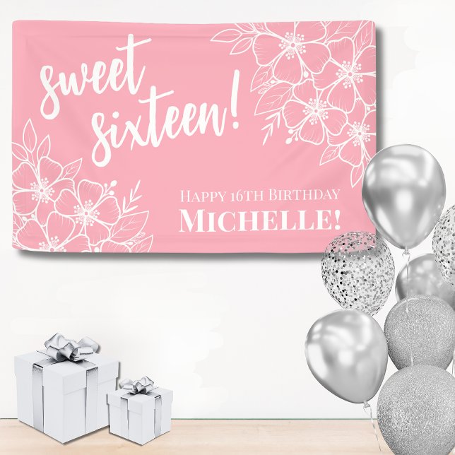 Banderoles Fête d'anniversaire rose pour seize ans (Sweet Sixteen Pink 16th Birthday Party Banner)