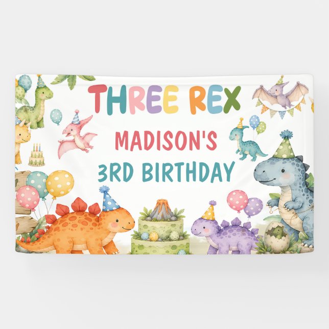 Banderoles Fête d'anniversaire Trois Rex Dinosaure 3 ans  (Horizontal)