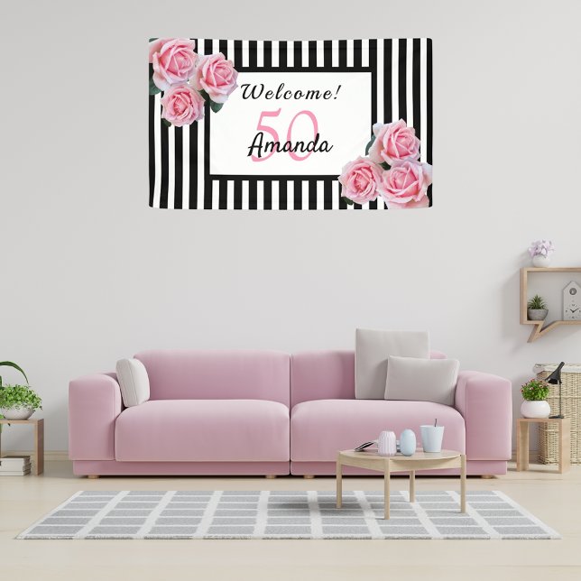 Banderoles Fête de 50e anniversaire noir rayures blanches flo (Créateur téléchargé)