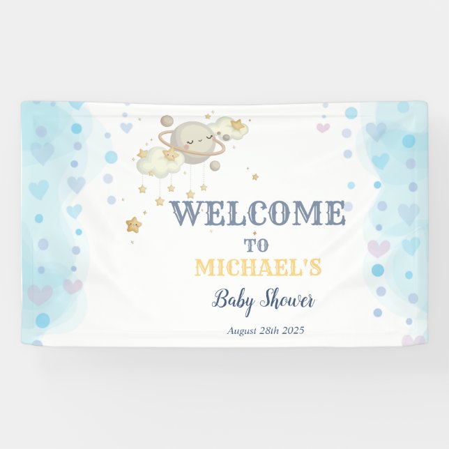 Banderoles Fête de Bébé Planète Étoiles Nuages Bleus (Horizontal)