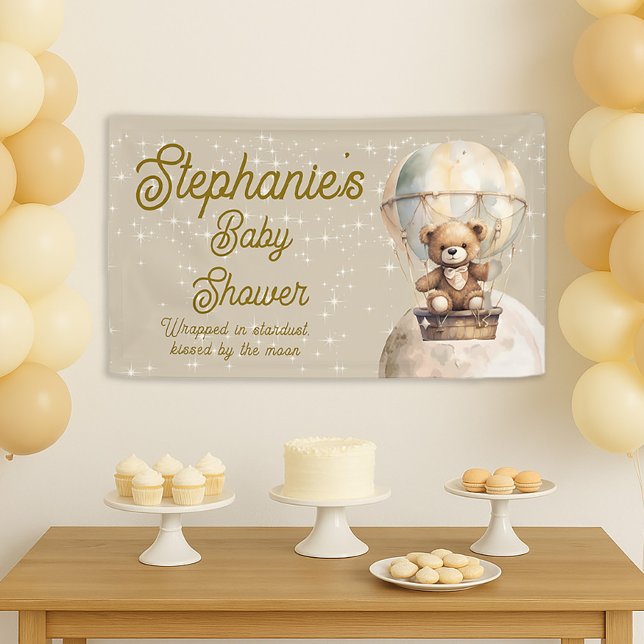 Banderoles Fête de Bébé Thème Ours en Peluche au-Dessus de la (Over the moon teddy bear / hot air balloon gender neutral baby shower banner)