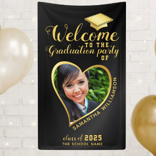 Banderoles Fête de graduation moderne Black Gold Photo Bienve