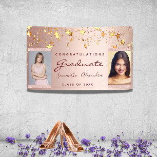 Banderoles Fête de graduation photo rose or étoiles duo