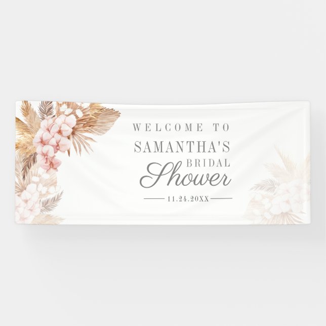 Banderoles Fête de mariage floral rose herbe des Pampas (Horizontal)