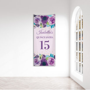 Banderoles Fête de Quinceañera florale aquarelle bleue violet