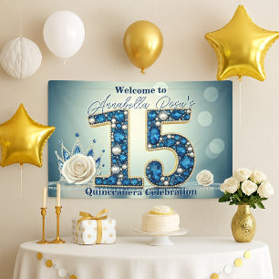 Banderoles Fête des 15 ans : Bijoux Bleus & Couronne d'Argent