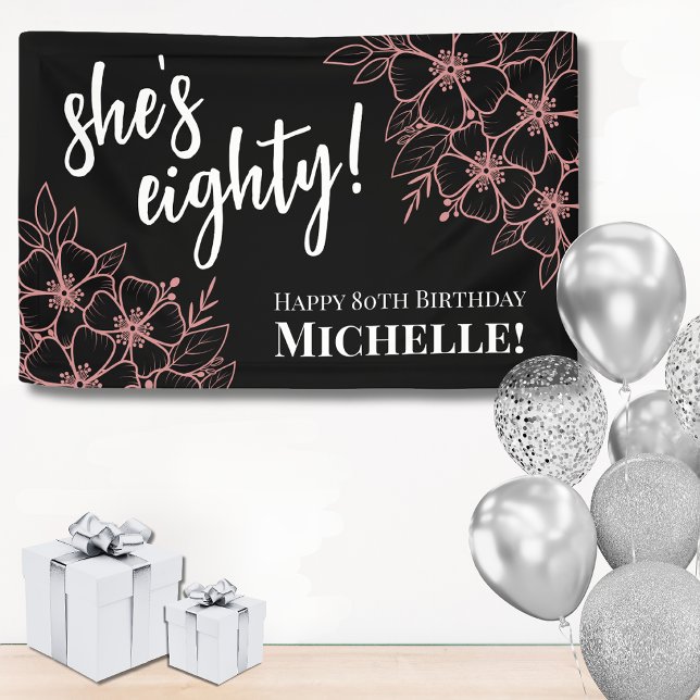 Banderoles Fête des 80 ans (Eighty Black Rose Gold 80th Birthday Party Banner)