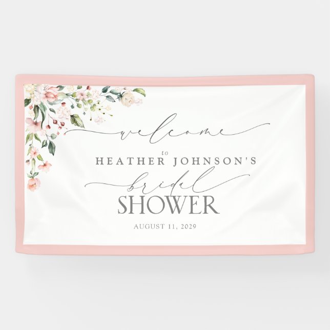 Banderoles Fête des mariées Rose Aquarelle Florale Bienvenue (Horizontal)