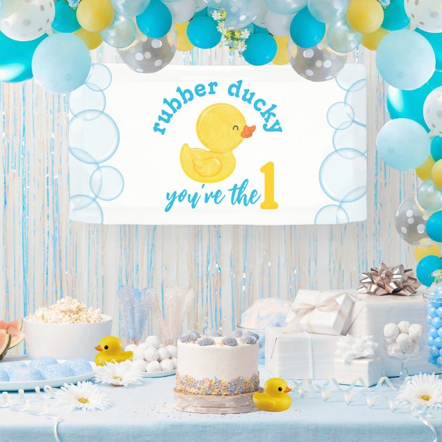 Banderoles Fête du 1er anniversaire de Rubber Ducky (Watercolor Rubber Ducky 1st Birthday Party Banner : Rubber Ducky You're the One)